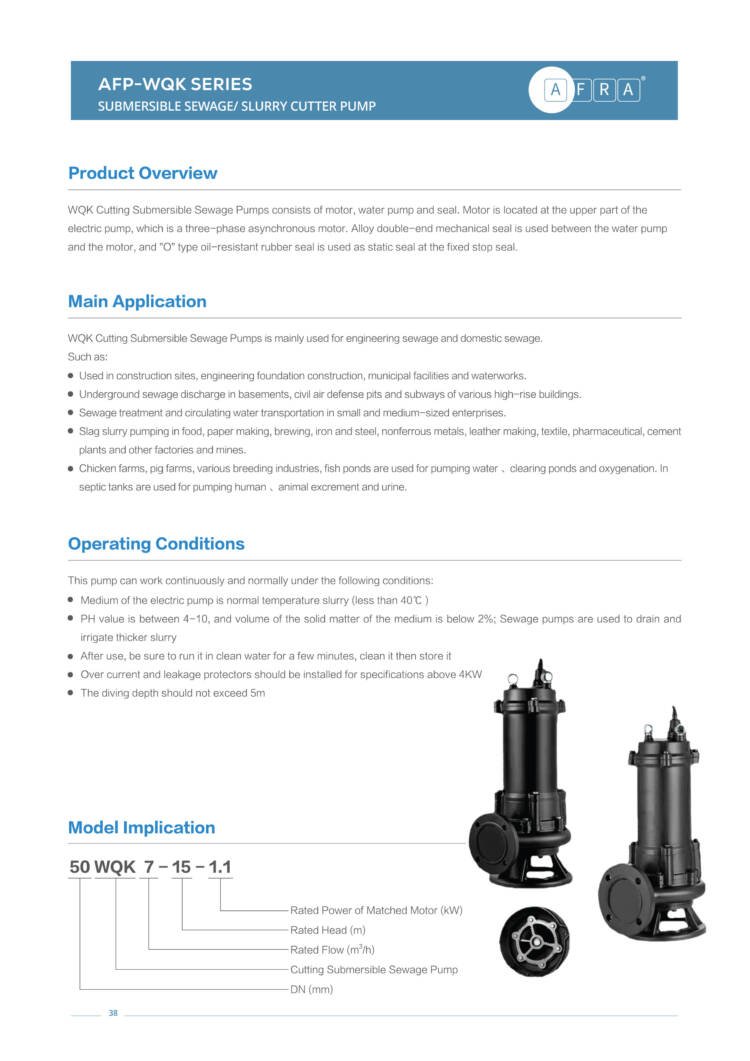 SUBMERSIBLE SEWAGE/SLURRY CUTTER PUMPS  AFP - WQK - Image 2